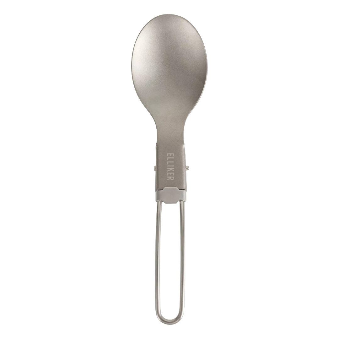 A stainless steel camping spoon with a fold-out handle, featuring the brand name 'ELLIKER' printed vertically on the handle, shown against a plain white background.
