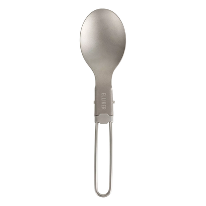 A stainless steel camping spoon with a fold-out handle, featuring the brand name 'ELLIKER' printed vertically on the handle, shown against a plain white background.