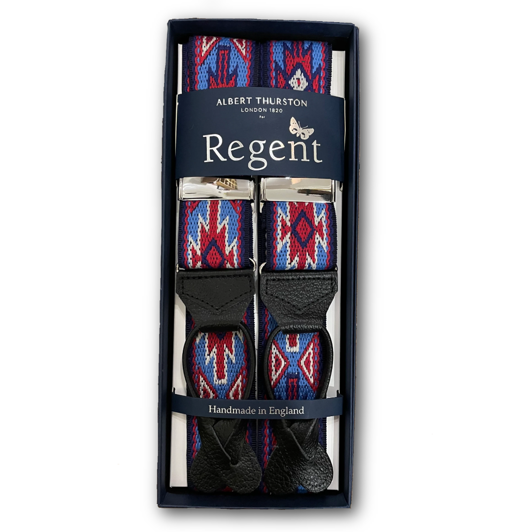 Albert Thurston Y Style button braces
Aztec Pattern in Red/ Sky blue and Cream
4cm fronts with 3.5cm elasticated fabric to back
Black Leather fastenings and ends
Adjustable length
Made in England
Sold at Regent in Salisbury