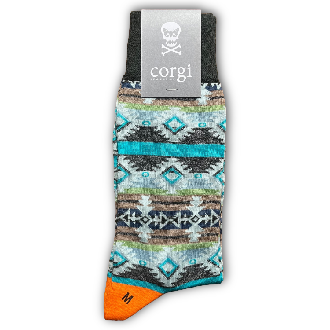 Colourful geometric patterned sock with 'corgi' brand label on a white background. Sold in Salisbury by regent tailoring