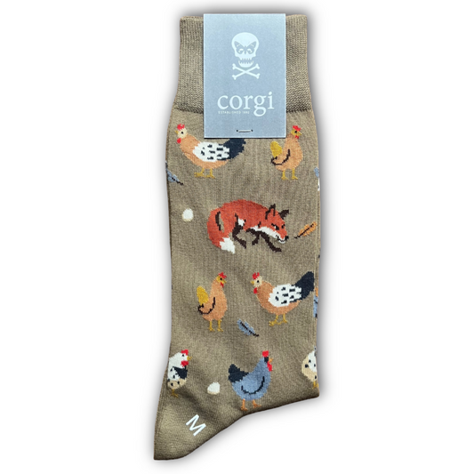 Sock with animal pattern with a fox and hen and 'corgi' brand label on a white background sold in regent in salisbury 