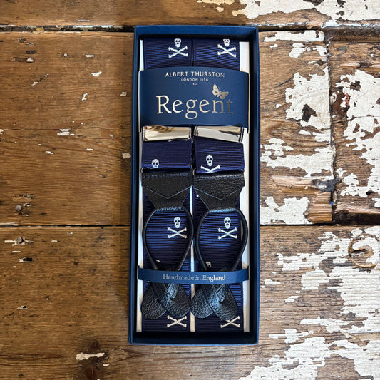 Albert Thurston - Braces - Barathea Ribbon - Navy with White Skull & Crossbones - Regent Tailoring