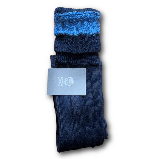 Navy and blue woollen boot sock with contrasting baby blue cuff sold at regent in salisbury
