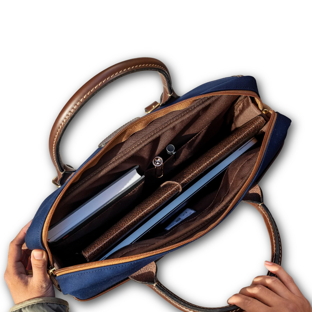 Inside of billingham briefcase bag with compartments
