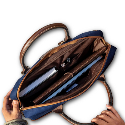 Inside of billingham briefcase bag with compartments