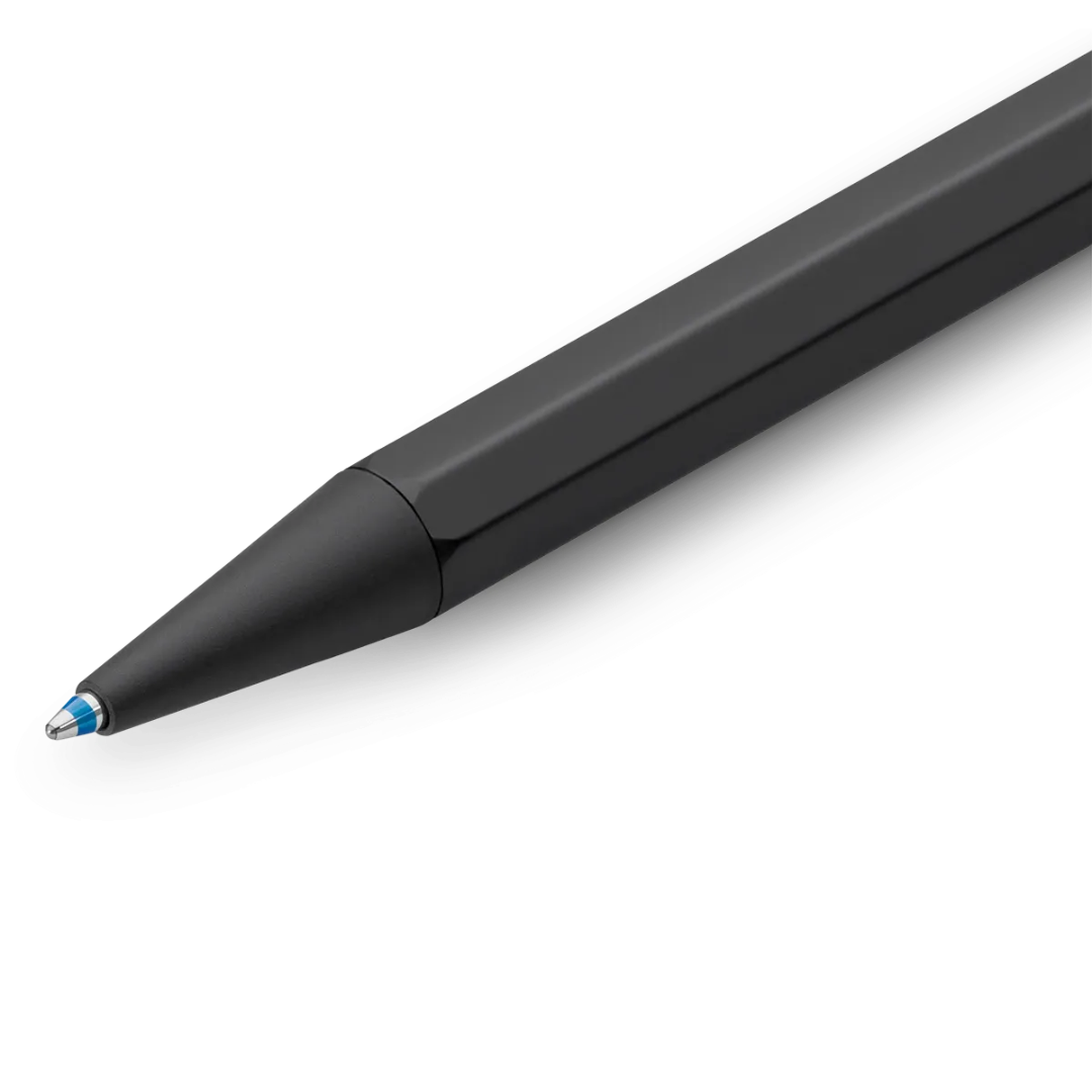 A close-up of a sleek black ballpoint pen with a metallic tip, shown diagonally on a clean white background.