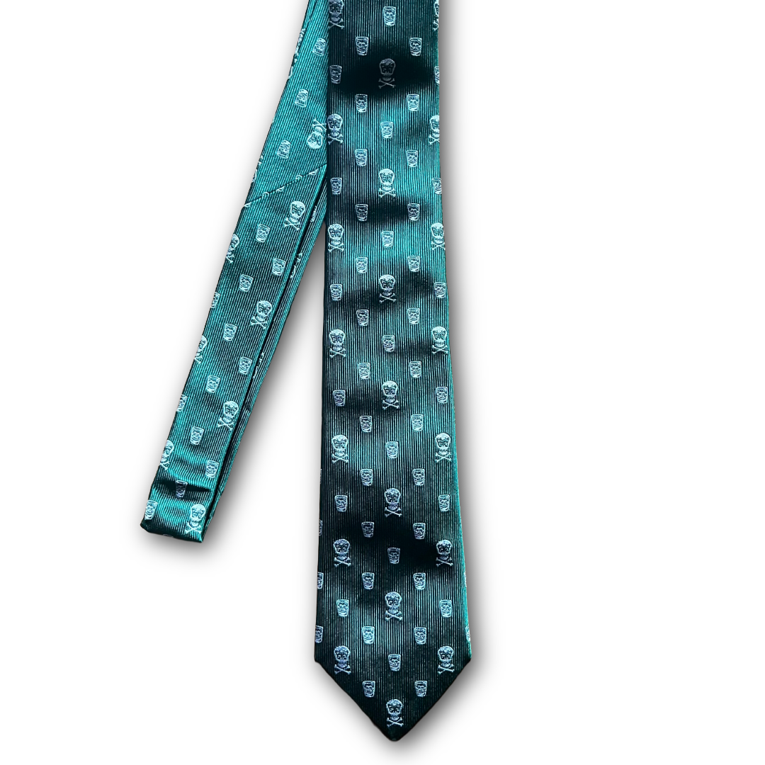 Regent - Woven Silk Tie - Green with Skull and Whisky