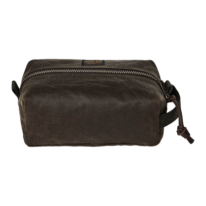 A dark brown waxed canvas pouch bag with a top zipper and a small leather brand tab, shown on a plain white background.
