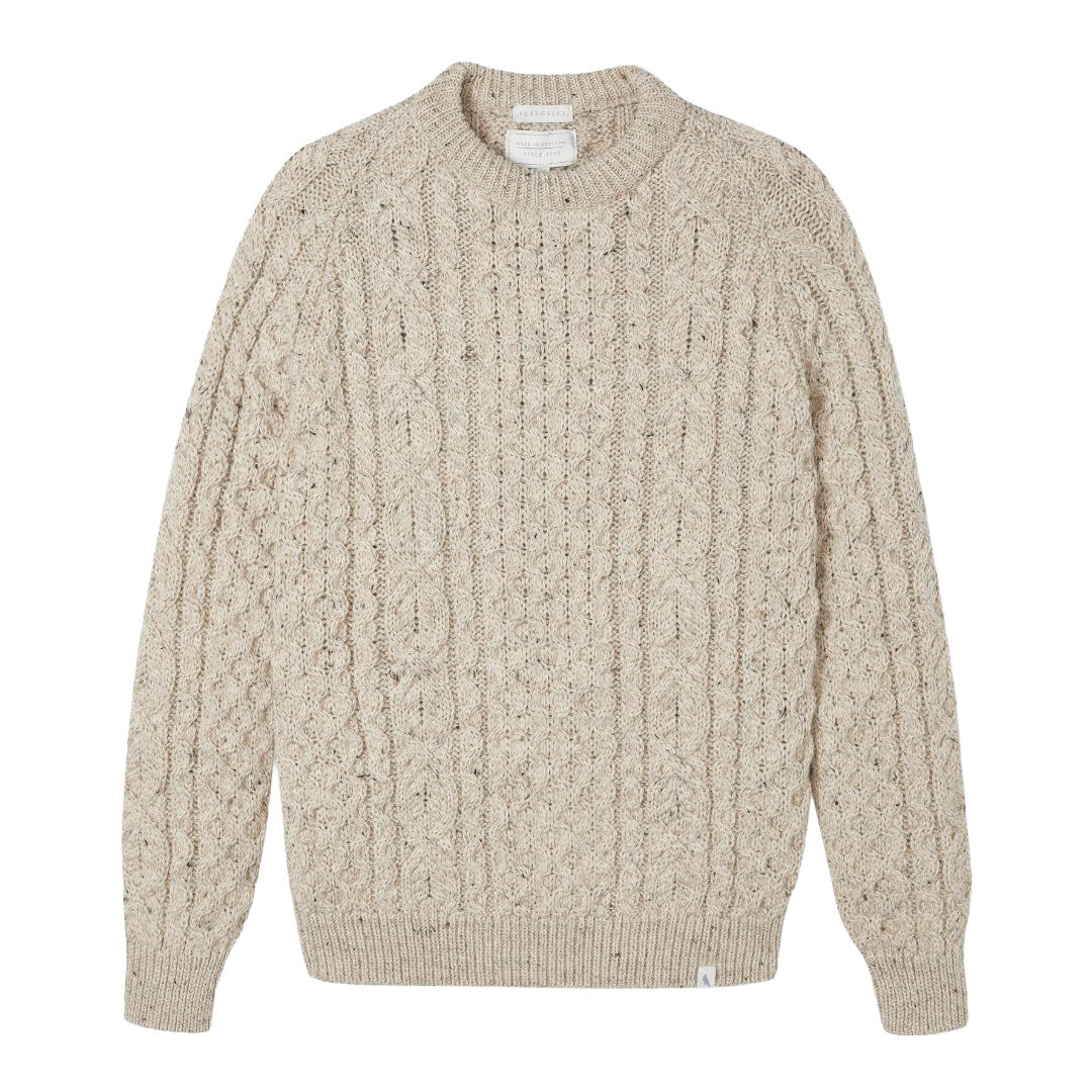 A cream-colored cable-knit crewneck sweater with a textured, speckled weave, shown flat against a white background.