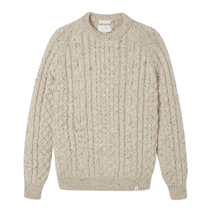 A cream-colored cable-knit crewneck sweater with a textured, speckled weave, shown flat against a white background.