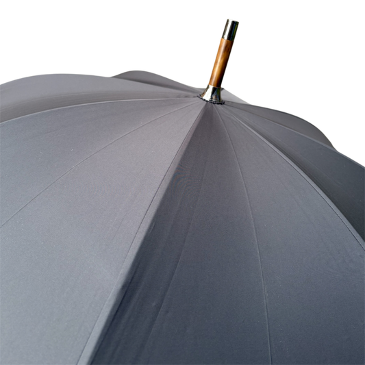 Close-up top-down view of a dark gray umbrella canopy with a wooden handle and black top finial, isolated on a white background.