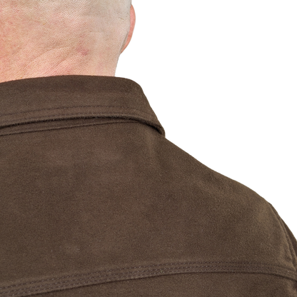Close-up of the back of a person wearing a dark brown suede or nubuck overshirt, showing the collar, shoulder, and back of the neck against a plain white background.