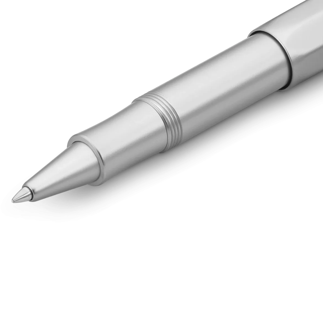 A close-up of a metallic silver ballpoint pen with a satin finish, featuring a ridged grip section and a sleek pointed tip, set against a clean white background.
