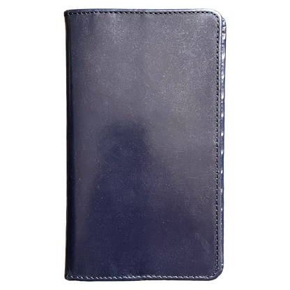 A dark navy blue leather wallet or folio case with visible stitching along the edges, shown against a plain white background.