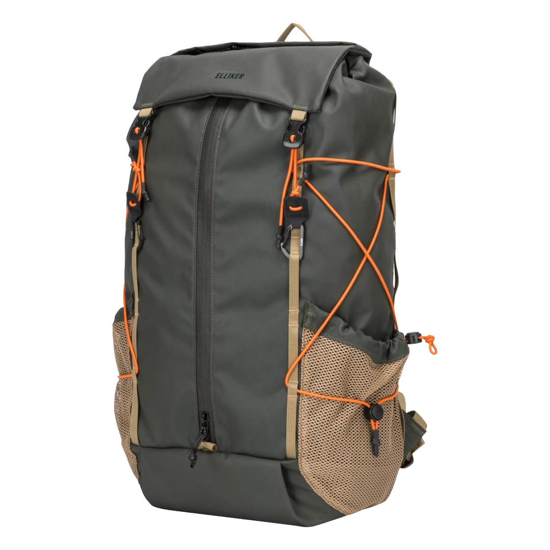 A dark gray roll-top backpack with tan mesh side pockets and bright orange compression straps, shown on a solid white background.
