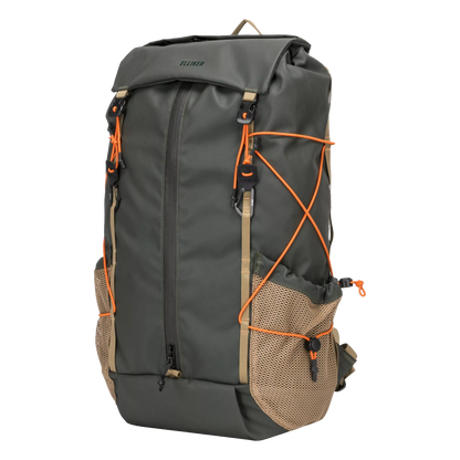 A dark gray roll-top backpack with tan mesh side pockets and bright orange compression straps, shown on a solid white background.