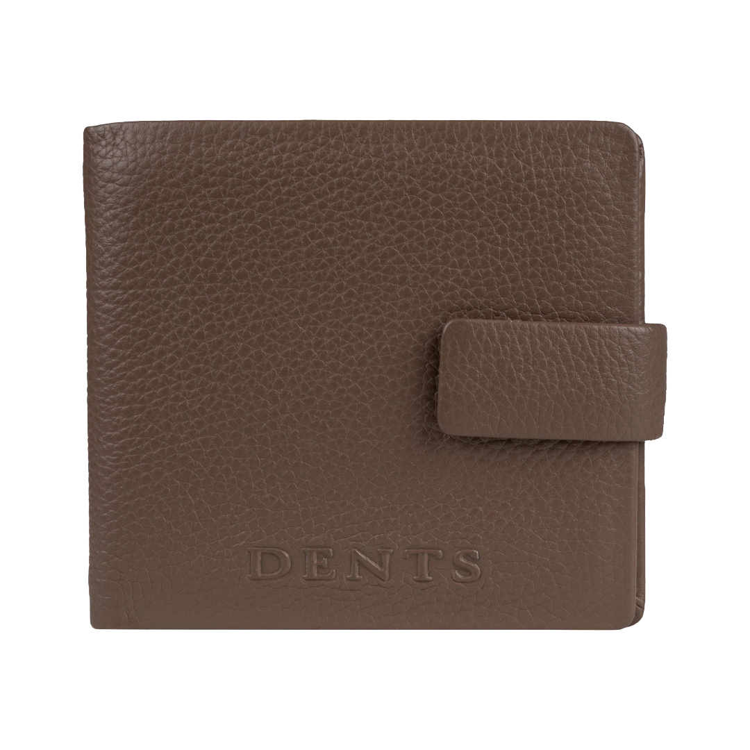 A brown textured leather wallet with a snap-button closure and the brand name 'DENTS' embossed on the front, shown against a plain white background.