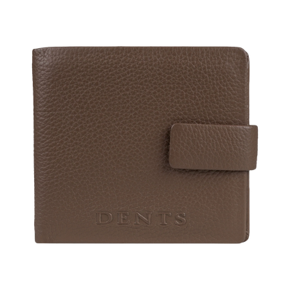 A brown textured leather wallet with a snap-button closure and the brand name 'DENTS' embossed on the front, shown against a plain white background.