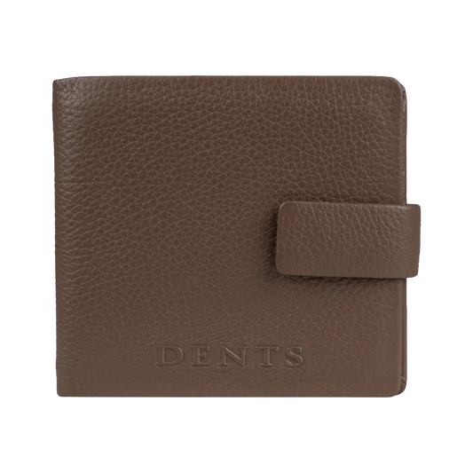 A brown textured leather wallet with a snap-button closure and the brand name 'DENTS' embossed on the front, shown against a plain white background.
