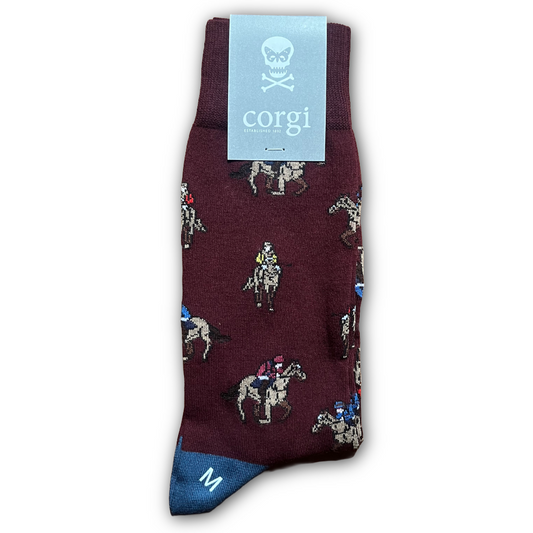 Maroon sock with horse pattern and 'corgi' brand label on a white background. Sold in Salisbury by regent.