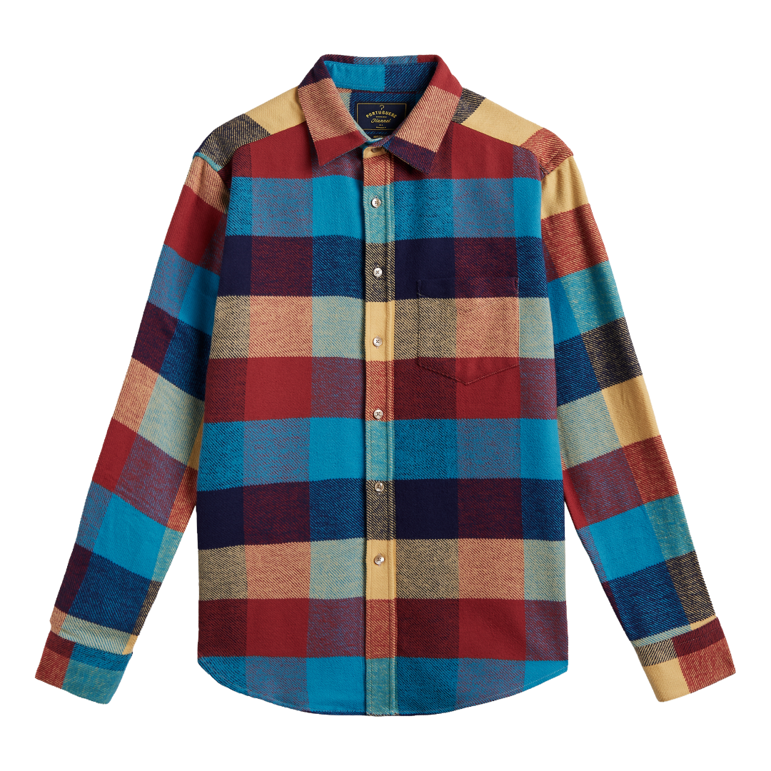 A long-sleeve button-up plaid flannel shirt from The North Face, featuring a multicolor check pattern in red, blue, beige, and navy on a white background.