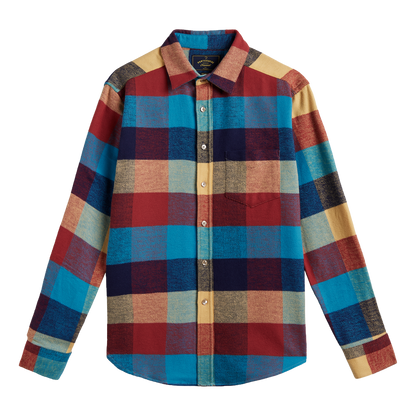A long-sleeve button-up plaid flannel shirt from The North Face, featuring a multicolor check pattern in red, blue, beige, and navy on a white background.