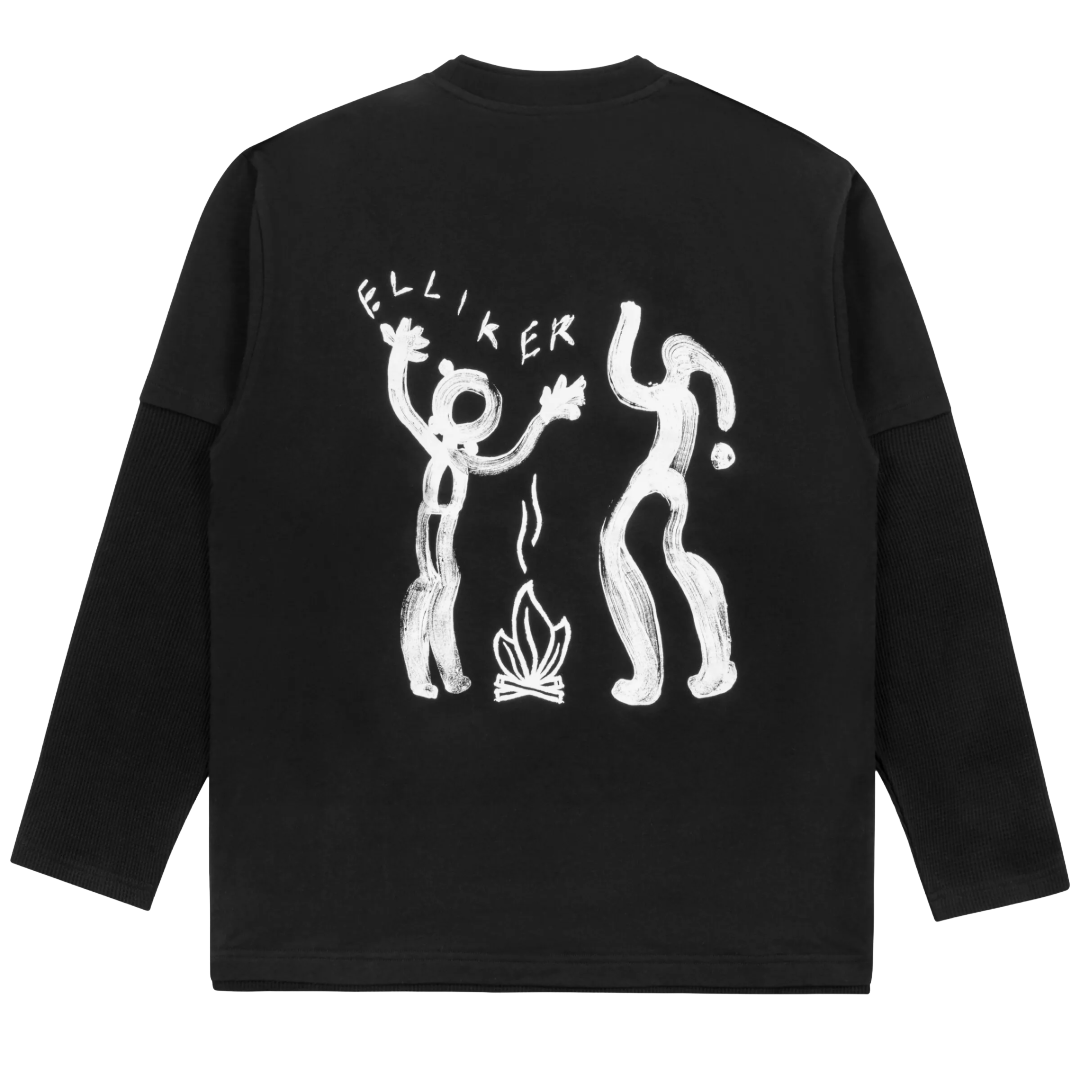 A black long-sleeve t-shirt shown from the back, featuring a white hand-drawn graphic of two dancing figures around a campfire with the text 'ELLIKER' above them.