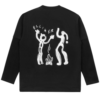 A black long-sleeve t-shirt shown from the back, featuring a white hand-drawn graphic of two dancing figures around a campfire with the text 'ELLIKER' above them.