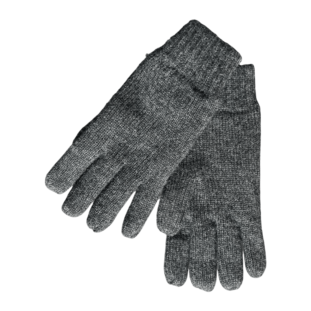 A pair of dark gray heathered knit gloves, one laid flat and the other standing upright, on a solid white background.