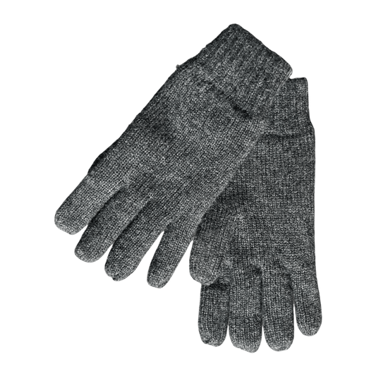 A pair of dark gray heathered knit gloves, one laid flat and the other standing upright, on a solid white background.