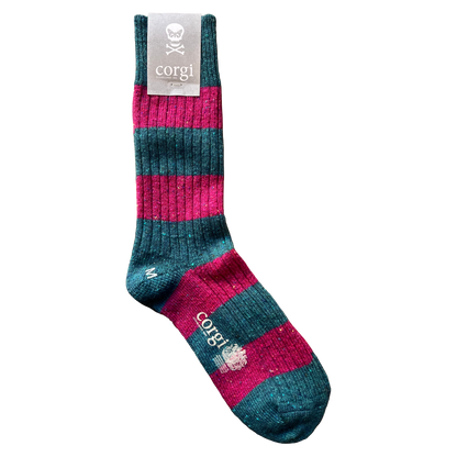 A single ribbed knit sock with horizontal stripes in teal and bright pink, featuring a gray brand tag at the cuff and 'corgi' printed on the foot.