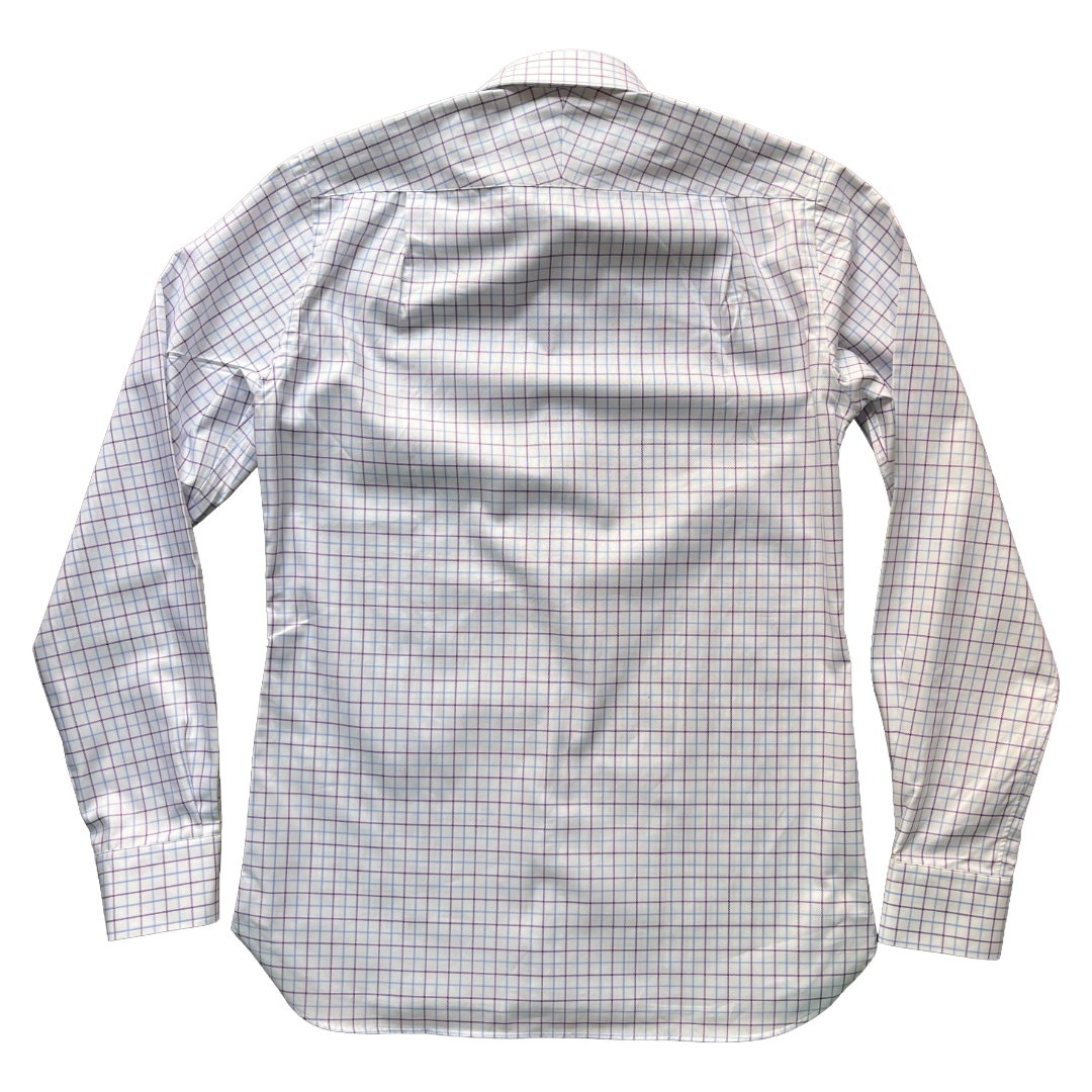 A long-sleeve button-up shirt shown from the back, featuring a fine grid plaid pattern in red and blue over a white base.
