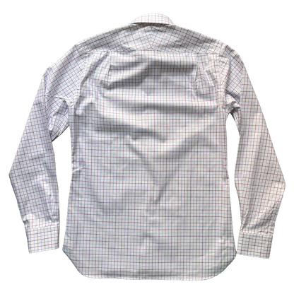 A long-sleeve button-up shirt shown from the back, featuring a fine grid plaid pattern in red and blue over a white base.