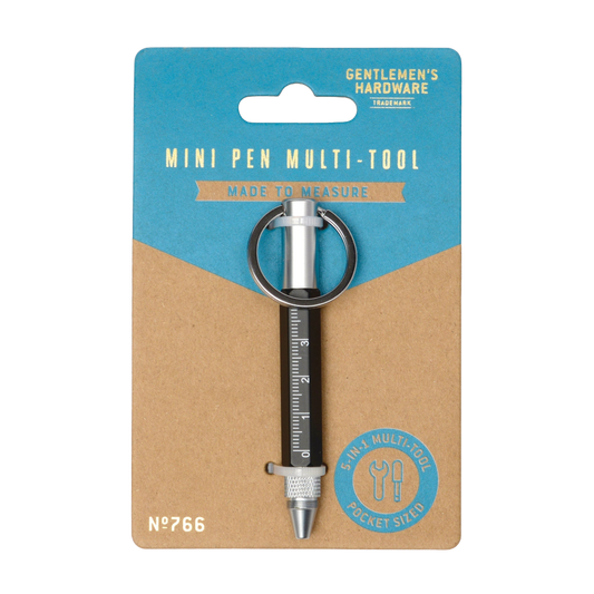 A pocket-sized multi-tool pen by Gentlemen's Hardware, packaged on its original blue and brown cardboard backing card.