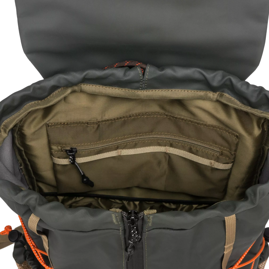 An open olive green drawstring backpack shown from above, revealing a gray interior lining, multiple zippered compartments, and a brown-and-orange patterned drawstring cord.