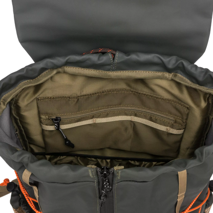 An open olive green drawstring backpack shown from above, revealing a gray interior lining, multiple zippered compartments, and a brown-and-orange patterned drawstring cord.