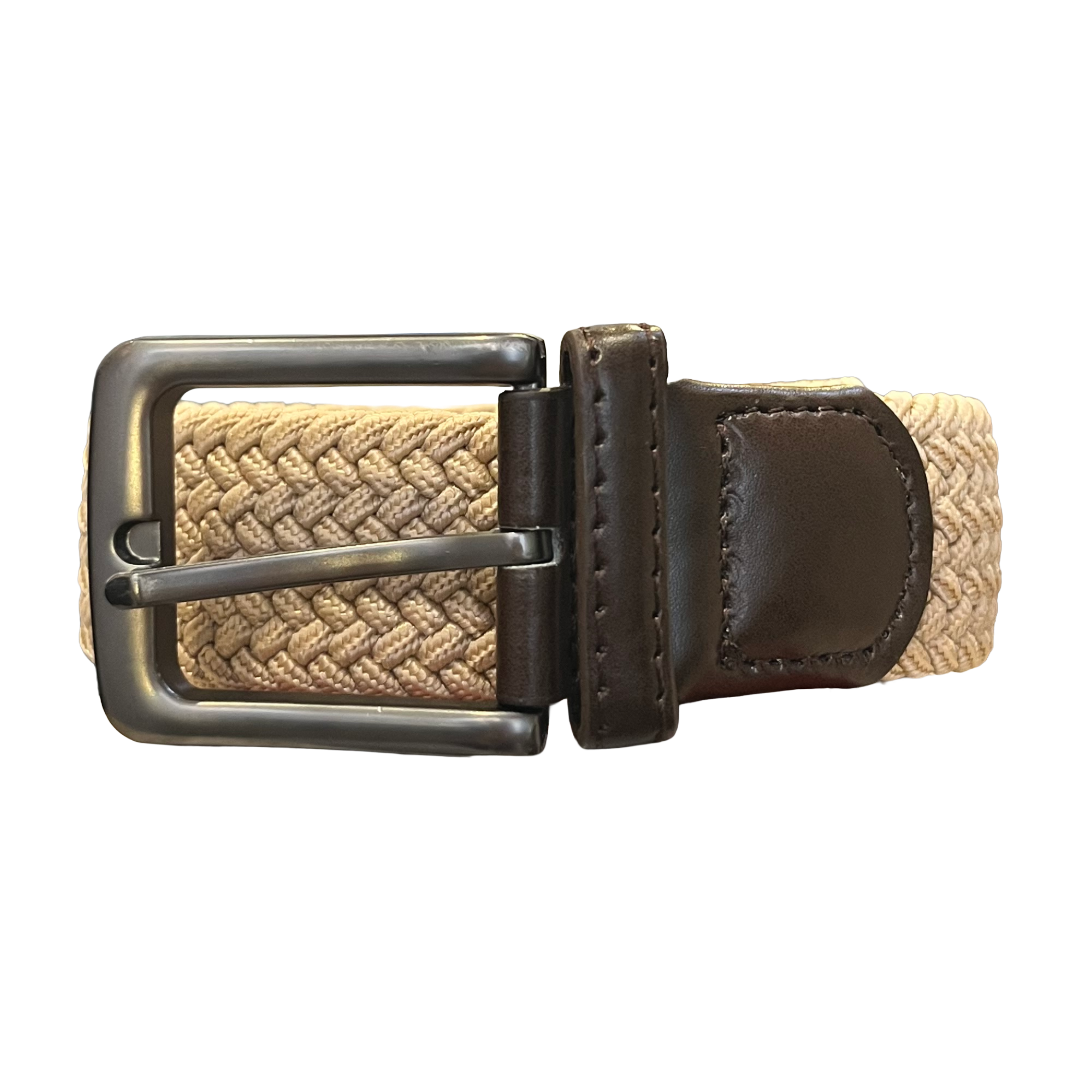 A woven elastic belt with a beige and brown herringbone pattern, a dark brown leather keeper loop, and a dark gunmetal metal buckle, shown against a plain white background.