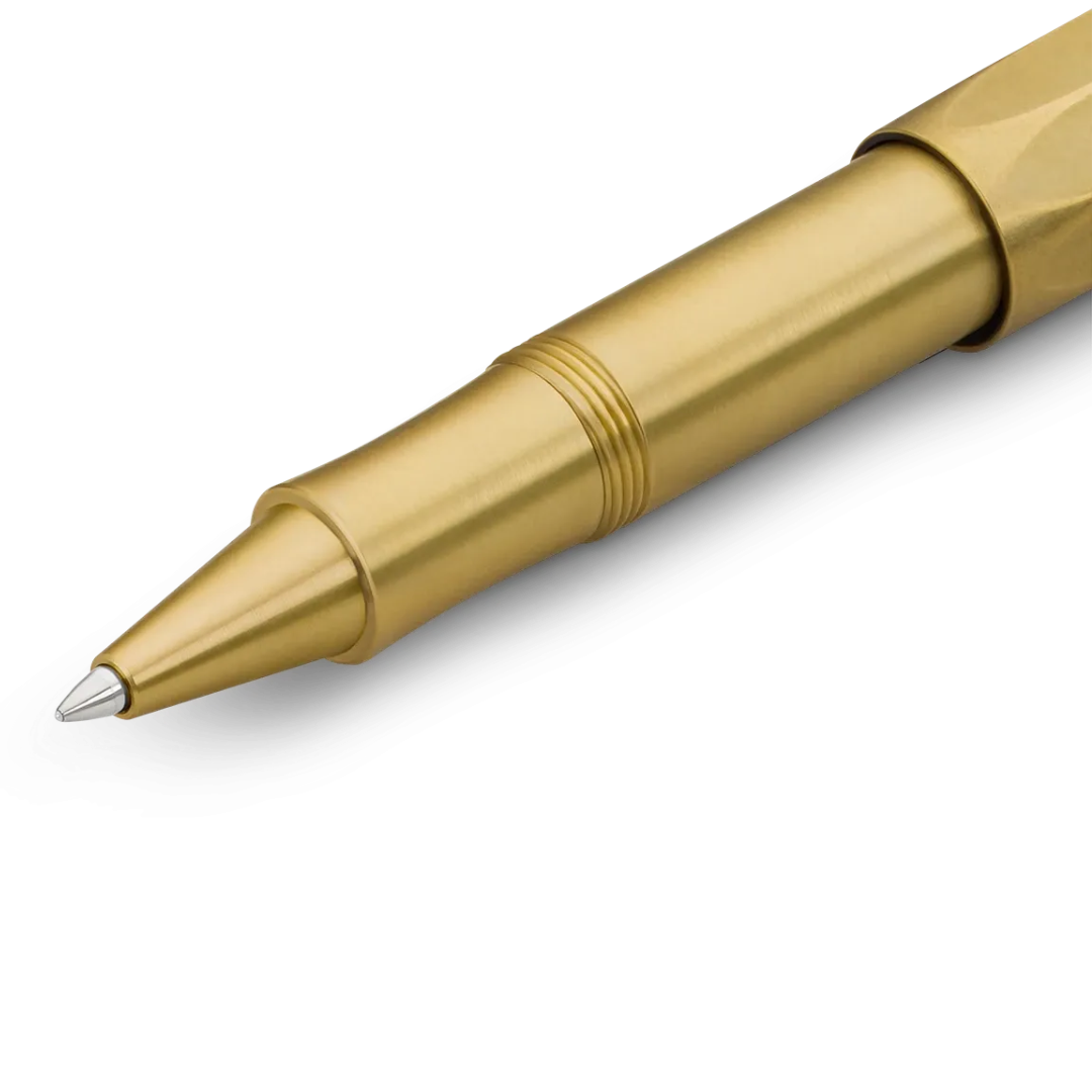 A close-up of a metallic gold pen with a silver tip, showcasing its sleek, modern design on a clean white background.