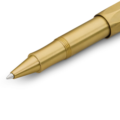 A close-up of a metallic gold pen with a silver tip, showcasing its sleek, modern design on a clean white background.