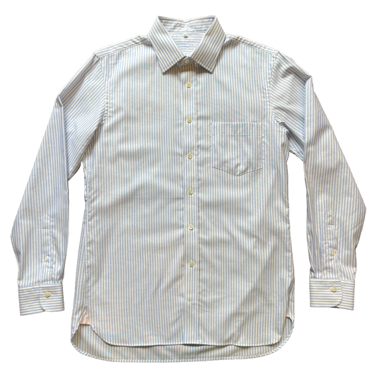 A long-sleeve button-up shirt with thin vertical blue and white stripes, featuring a classic collar, a chest pocket, and buttoned cuffs, laid flat against a white background.