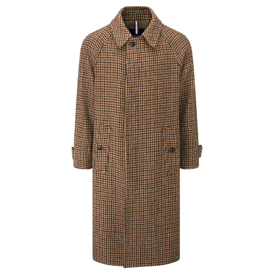 A men's mid-length coat with a brown and beige houndstooth pattern, featuring a classic collar, button closure, and front patch pockets, shown against a plain white background.