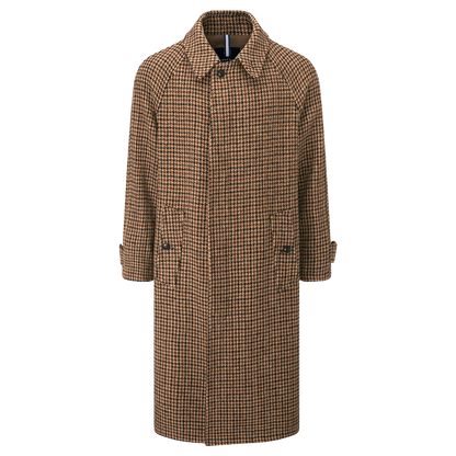 A men's mid-length coat with a brown and beige houndstooth pattern, featuring a classic collar, button closure, and front patch pockets, shown against a plain white background.