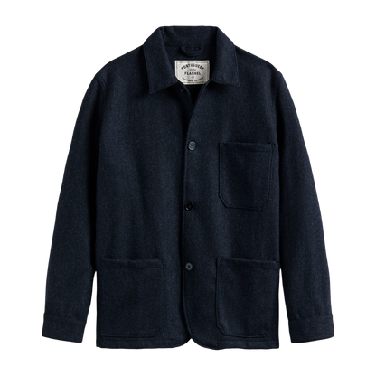 A dark navy blue wool work jacket with a button-up front, collar, chest pocket, and two large front patch pockets, shown flat against a white background.