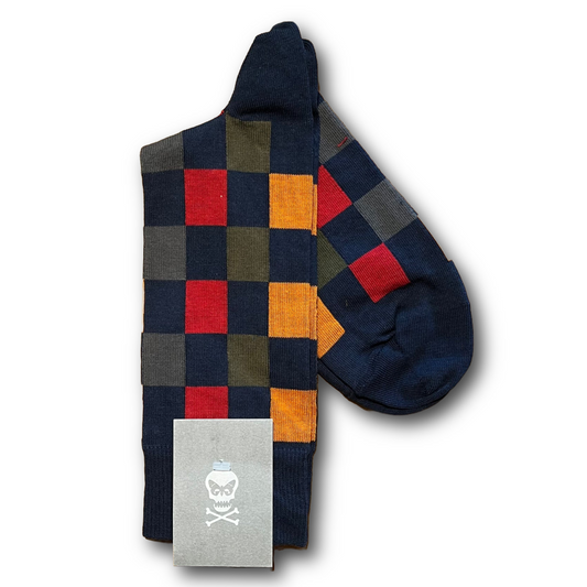 Navy and red/orange checked socks sold at regent