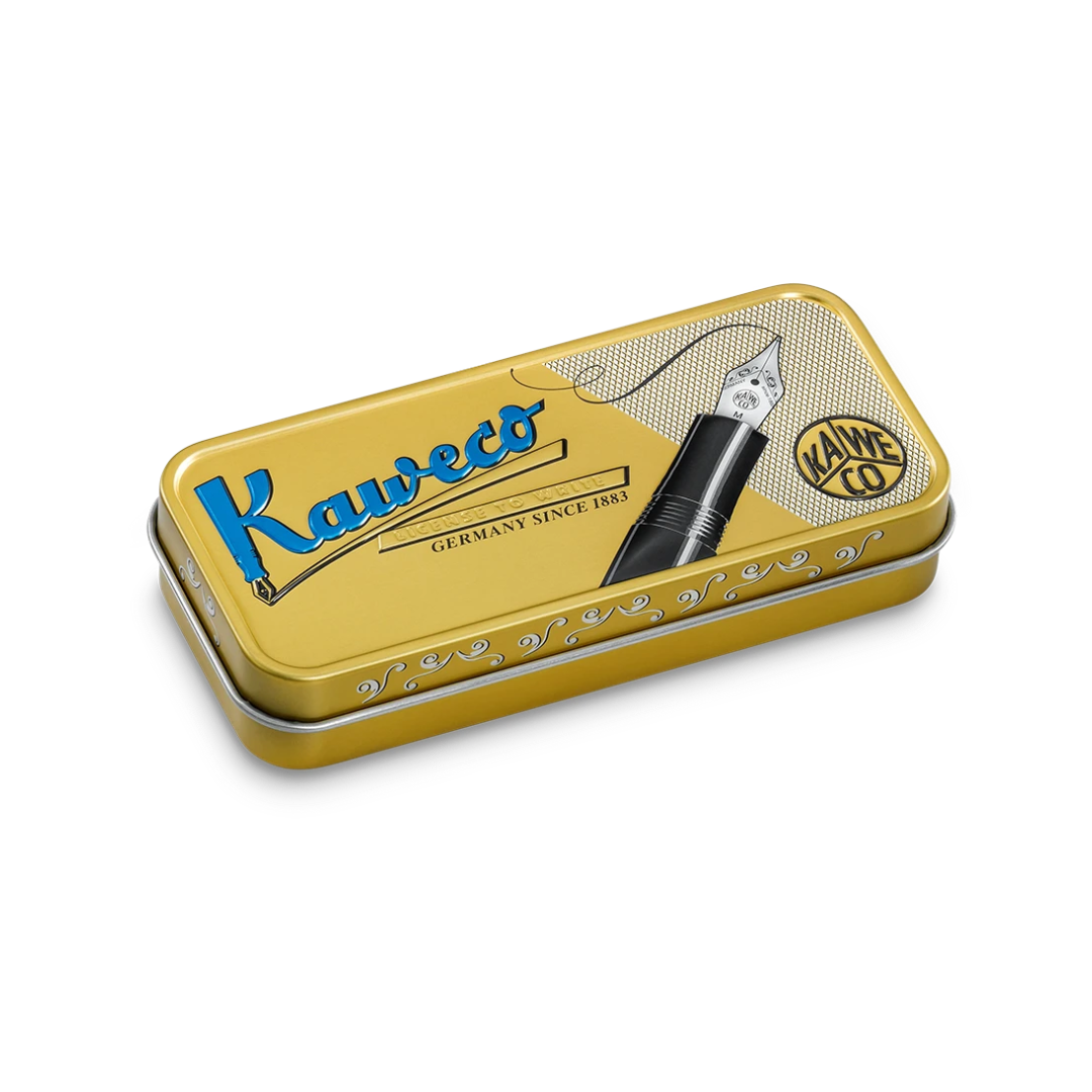 A gold metal ink tin for Kaweco, featuring a blue logo, a black fountain pen illustration, and a small circular gold badge, shown on a clean white background.