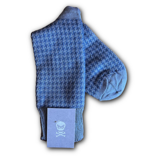 Blue socks with a dogtooth pattern sold in regent at salisbury