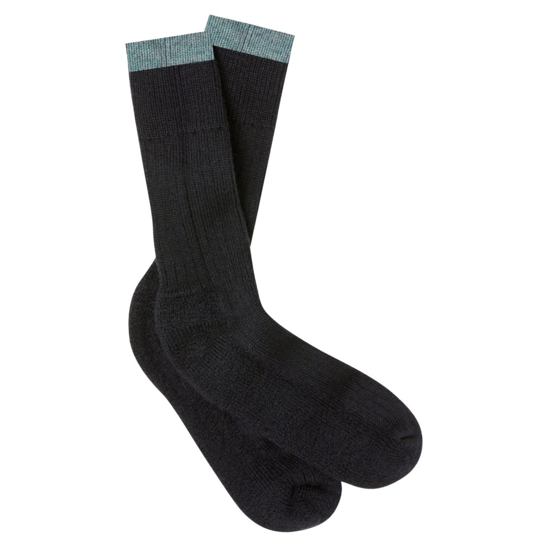 A pair of black crew socks with a contrasting light blue-gray ribbed cuff, displayed against a solid white background.