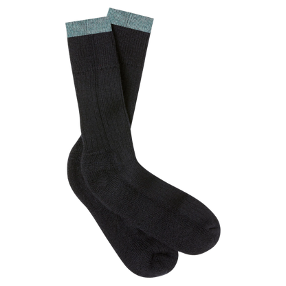 A pair of black crew socks with a contrasting light blue-gray ribbed cuff, displayed against a solid white background.