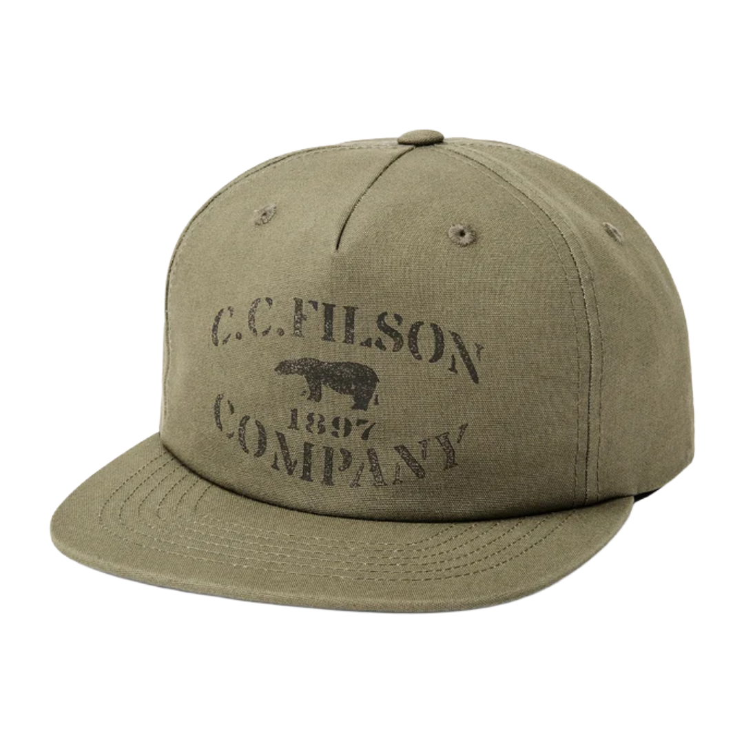 An olive green flat-brim baseball cap with a dark brown embroidered logo on the front reading 'C.C.