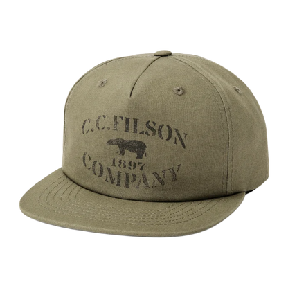 An olive green flat-brim baseball cap with a dark brown embroidered logo on the front reading 'C.C.
